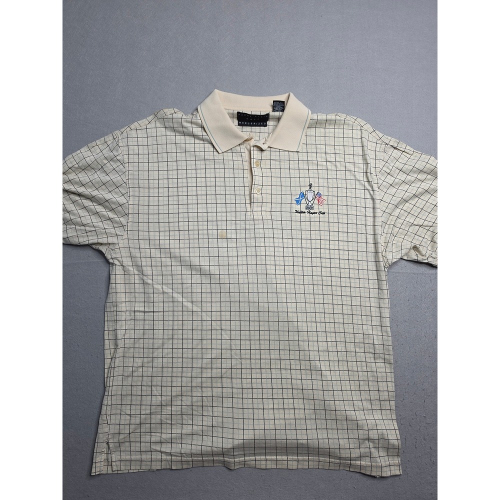 Perry Ellis Polo Shirt Men's Large Cream Check 100% Cotton Logo Golf Outdoor